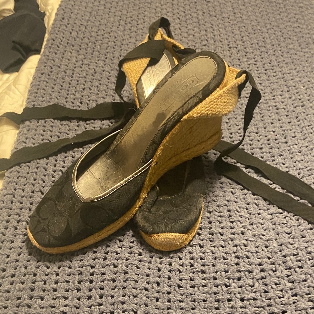 Coach Black Logo Espadrille Wedge Sandals with Ankle Tie